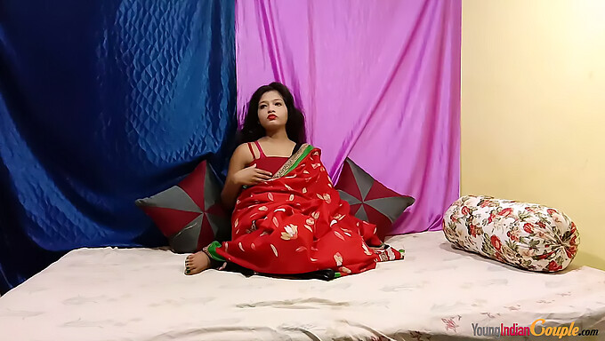 Indian Beauty In Red Sari Pleasures Herself To Climax